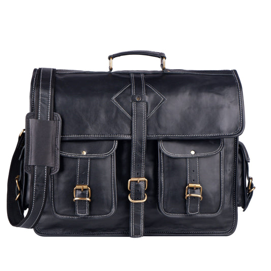 Retro Black Leather Laptop Messenger Bag – 16 & 18 Inch